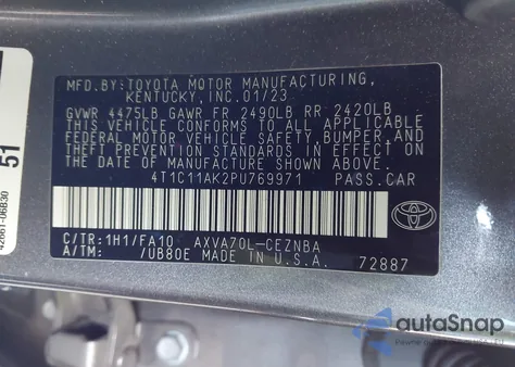 2023 Toyota Camry Le из США, поврежденный, VIN 4T1C11AK2PU769971